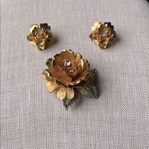 Vintage Rose Brooch & Earrings, Gold & Silver